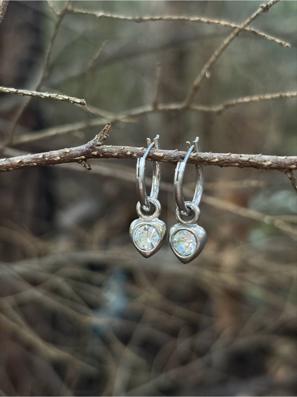 Silver Tone Heart Drop Earrings with Clear Gemstone